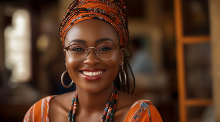 Une belle femme noire, heureuse et souriante portant un turban africain et des lunettes, image avec espace pour texte. - obrazy, fototapety, plakaty