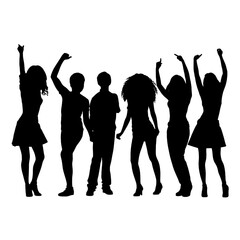 Silhouette happy young group party people together dancing, cheering crowd dance to the music at musical concert – stock vector