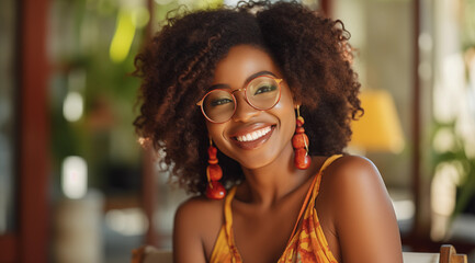 Une belle femme noire, heureuse et souriante portant des lunettes. - obrazy, fototapety, plakaty