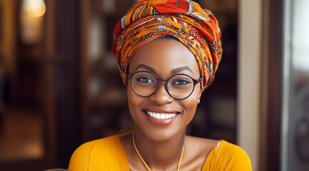 Une belle femme noire, heureuse et souriante portant un turban africain et des lunettes. - obrazy, fototapety, plakaty