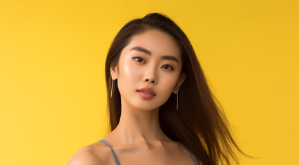 Une belle jeune femme asiatique, aux cheveux longs, arrière-plan jaune, image avec espace pour texte. - obrazy, fototapety, plakaty