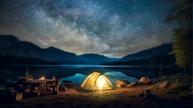beautiful view of the night camp by the lake. mountain background