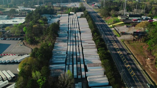 Huge parking lot of semi trailers in South Atlana, Georgia, USA. Dryvan and Reefrigerator trailer.