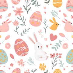 Fototapeta na wymiar seamless pattern of cute pastel easter elements, eggs and bunnies, white background