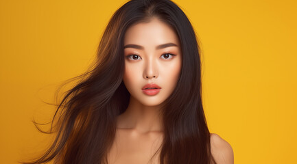 Une belle jeune femme asiatique, aux cheveux longs, arrière-plan jaune, image avec espace pour texte. - obrazy, fototapety, plakaty