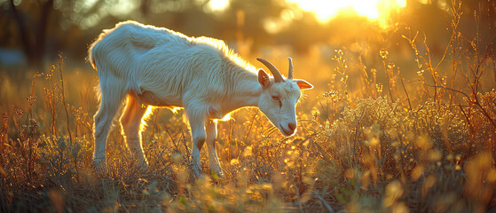 a goat that is standing in the grass eating