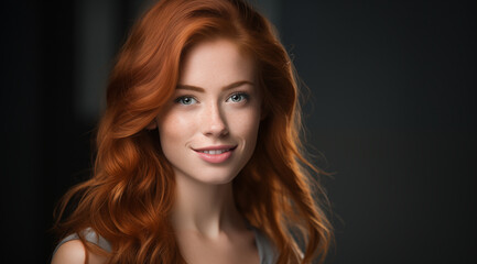 Naklejka premium Une belle femme rousse, heureuse et souriante, arrière-plan noir, image avec espace pour texte.