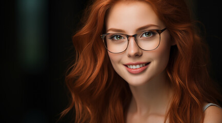 Fototapeta premium Une belle femme rousse, heureuse et souriante portant des lunettes, arrière-plan noir.
