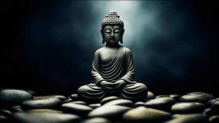 The Buddha is sitting among the smooth stones.