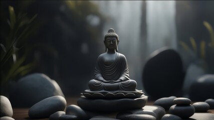 Buddha statue among smooth stones.