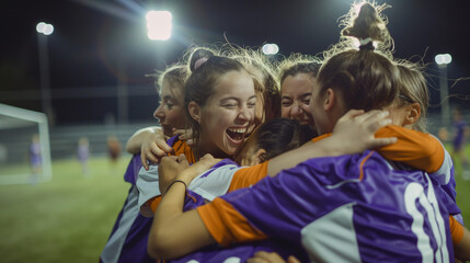 With the final whistle blown, a group of young female soccer players erupts into cheers and embraces on the field, their faces flushed with the thrill of victory.