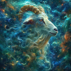 a goat with long hair and a long horn in a galaxy like environment
