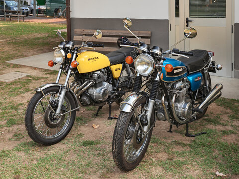 Vintage motorbykes Honda 500 Four and 400 Four Super Sport of the seventies in classic car and motorcycle rally on September 11, 2016 in Forli, Italy