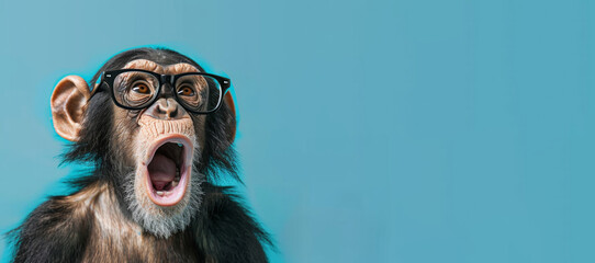 A baby monkey wearing glasses and an open mouth. Concept of curiosity and playfulness. Surprised chimpanzee wear glasses on bright blue background - obrazy, fototapety, plakaty