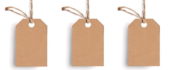 Three brown tags hanging from a string. The tags are empty and have no writing on them