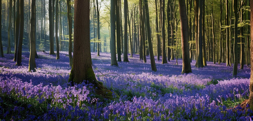 A peaceful woodland carpeted with bluebells, their delicate blossoms painting the forest floor in shades of purple and blue