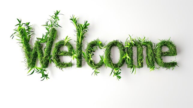 The word "welcome" is written in a unique way using green grass. The image has a natural and organic feel to it, and it conveys a sense of warmth and hospitality