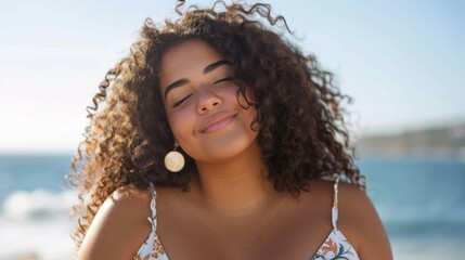 Happy Young Woman Enjoying Sunny Beach Day