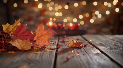 Autumn Leaves on Wooden Background with Warm Lights