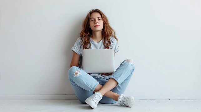 A woman sits on the floor with a laptop in front of her. She is wearing blue jeans and a white shirt. Concept of focus and concentration as the woman works on her laptop