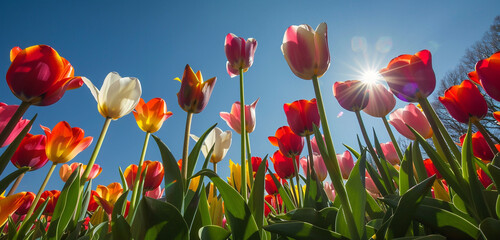 A vibrant field of tulips in full bloom, their colorful petals stretching towards the sun under a clear blue sky