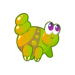 Cute green alien that looks like a caterpillar. Childrens cartoon illustration in vintage style. Space flights, the future. For stickers, design elements.