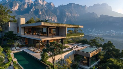 Fototapeta na wymiar Modern Luxury Villa Overlooking Mountainous Landscape at Sunset