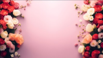 Delicate pink background with bouquets of flowers on the sides.