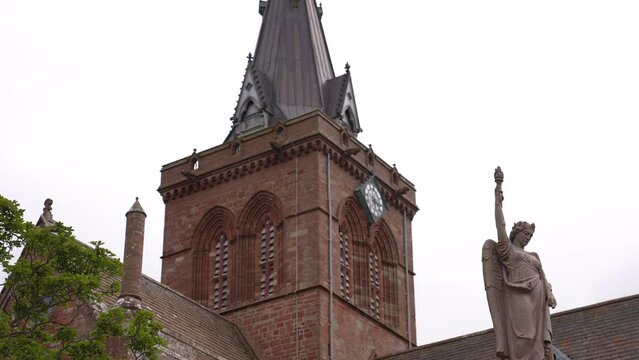 St. Magnus Cathedral, Landmark of Kirkwall, Scotland UK. Clock and Bell Tower