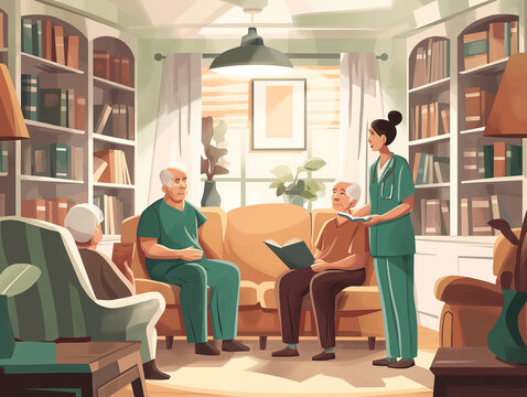 A healthcare worker in scrubs engaging in a meaningful discussion with an elderly couple in their cozy living room, seen from below as they sit on comfortable sofas.
