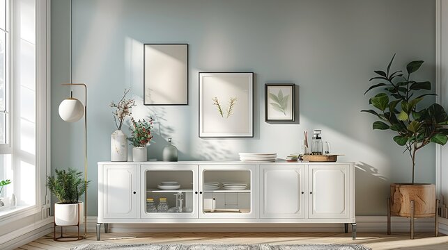 A white cabinet with glass doors and metal legs, featuring light colored cabinets on the right side, a picture frame hanging above them. Generative AI.