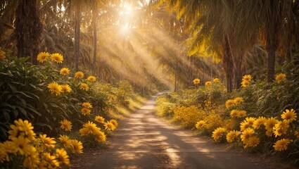 Flowers accompany the sunlight and the magnificent view. Nature and forest image.