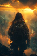 Woman soldier standing on the mountain top - movie poster background- AI generated
