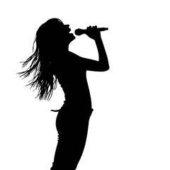 Female singer holding microphone silhouette on white background vector