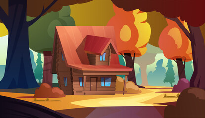 Autumn wooden cabin in colorful forest vector illustration