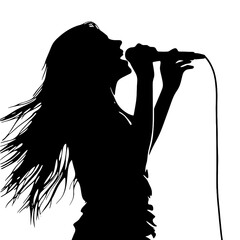 Female singer holding microphone silhouette on white background vector
