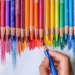 A person is drawing with a blue pencil on a white background. The pencils are arranged in a rainbow pattern, with the colors ranging from red to purple. Concept of creativity and artistic expression - obrazy, fototapety, plakaty