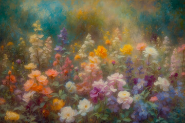 Fototapeta na wymiar A background of blurry patches of a variety of flowers in full bloom grouped by color in an 1880s impressionist style.