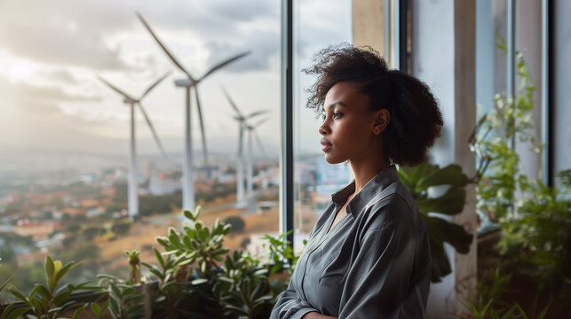 Profile of a woman gazing out window at wind turbines.