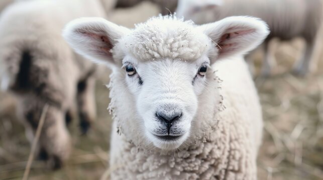 A baby sheep is looking at the camera with its eyes wide open. The sheep is surrounded by other sheep, but it is the main focus of the image. Concept of curiosity and innocence