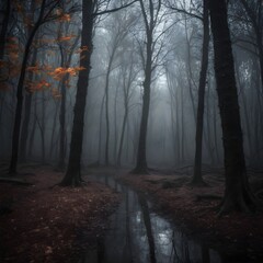 Spooky autumn forest dark mystery wet