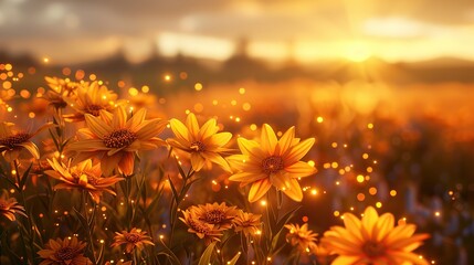 A field of yellow flowers with a bright sun shining on them. The sun is casting a warm glow on the flowers, making them look even more vibrant and alive. The scene is peaceful and serene