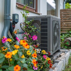 A large air conditioner sits in front of a colorful flower garden. The flowers are in full bloom, creating a vibrant and lively atmosphere - obrazy, fototapety, plakaty