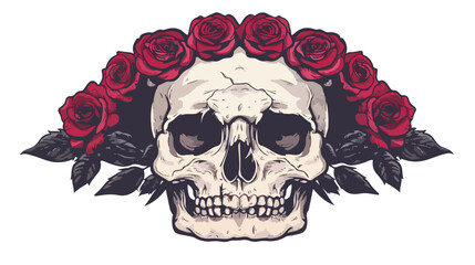 Skull with crown of roses symbolizing beauty and tran