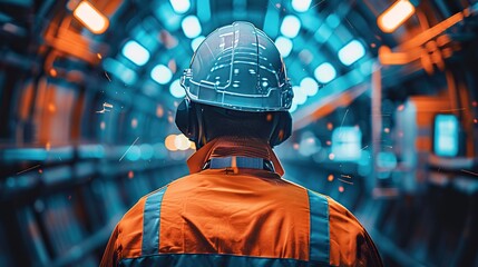A man in a safety helmet and orange vest is standing in a tunnel. The tunnel is lit up with blue lights - obrazy, fototapety, plakaty