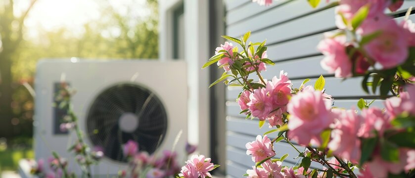 A white air conditioner is next to a bush with pink flowers
