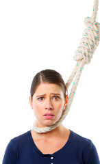 Woman, portrait and rope on neck in studio for struggle or trapped, crisis and helplessness with...