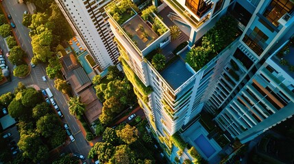 A cityscape with a tall building with a green roof and a pool. The sky is clear and the sun is shining brightly - obrazy, fototapety, plakaty