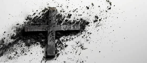 A cross is surrounded by a cloud of ash. The ash is black and white, and it covers the entire cross. Concept of destruction and loss, as the cross is no longer recognizable - obrazy, fototapety, plakaty