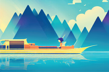 Boat in a beautiful Lake surrounded by Green Nature. Illustration. Illustration traveling boat in river, beautiful landscape, green trees, natural light, nature landscape background. Beautiful lake.
